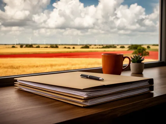 Stack of closed kraft folders with a pen on a desk by a window onto wheat fields and red earth