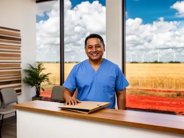 Smiling clinic worker in blue scrubs at a reception counter with a closed folder, wheat fields outside