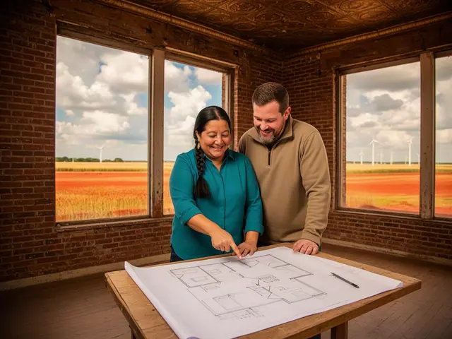 Two business partners smiling over a floor-plan sketch in an empty brick storefront with wheat fields outside